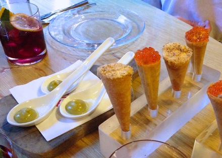 Liquid olives,  goat cheese cones & salmon cones