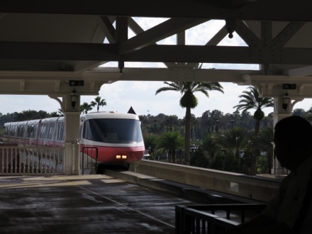 Pink monorail pulls in