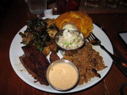 Brisket, pulled pork, brussel sprouts & johnny cakes