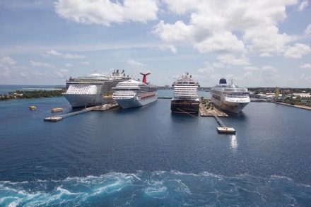 Photo from the Majesty of the Seas arriving in Nassau: Oasis of the Seas (ours), Carnival Victory, Disney, Norwegian Cruise Lines