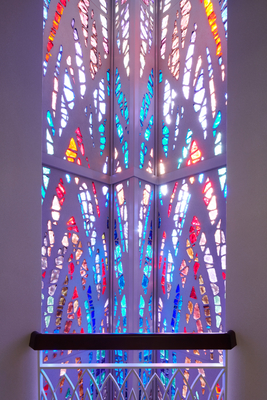 Stained glass wall at the stairs