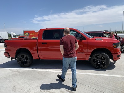 Bill rented a macho monster red Dodge Ram truck so we could drive to Peru, IN and visit my Grandma Anna.