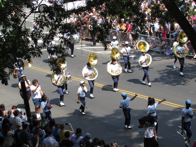 An official marching band. The horns look great in the sun.