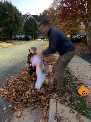 Olive went for a dunk in the leaves